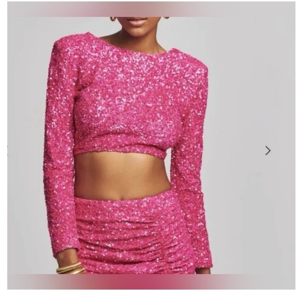 Retrofete‎ Sequin Crop Top Long Sleeve Pink Sparkly Glam Size L NWT - Picture 9 of 9